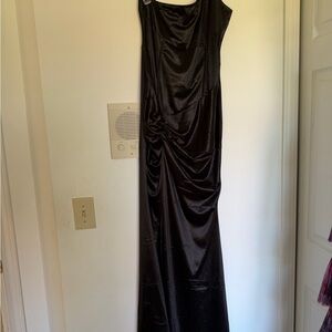 Black Satin Evening Gown - Elegant Ruched Maxi Dress